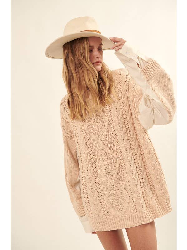 OATMEAL Solid Round Neck Oversize Cable Knit Sweater for wholesale on Faire