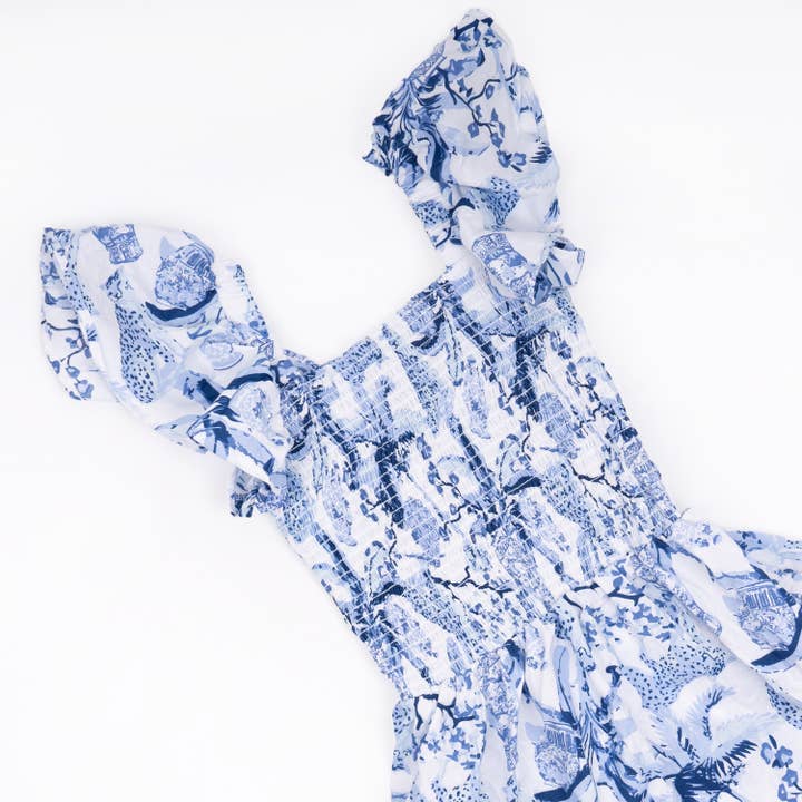 8 Oak Lane - Venta al por mayor Vestido - Mujer - Vestido azul con mangas onduladas con estampado de palmeras de leopardo
