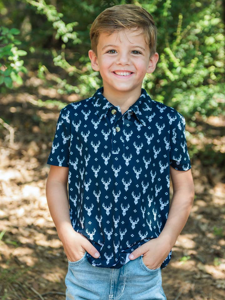 Boys Little Deer Lodge Knit Short Sleeve Performance Polo for wholesale by RuffleButts + RuggedButts