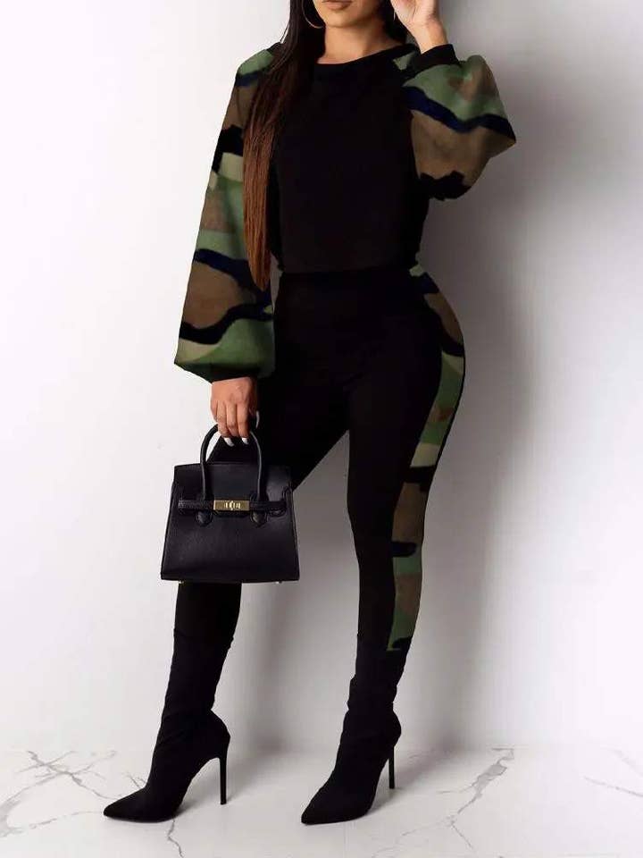 camouflage print long sleeve top pants set for wholesale by Fashion Combination
