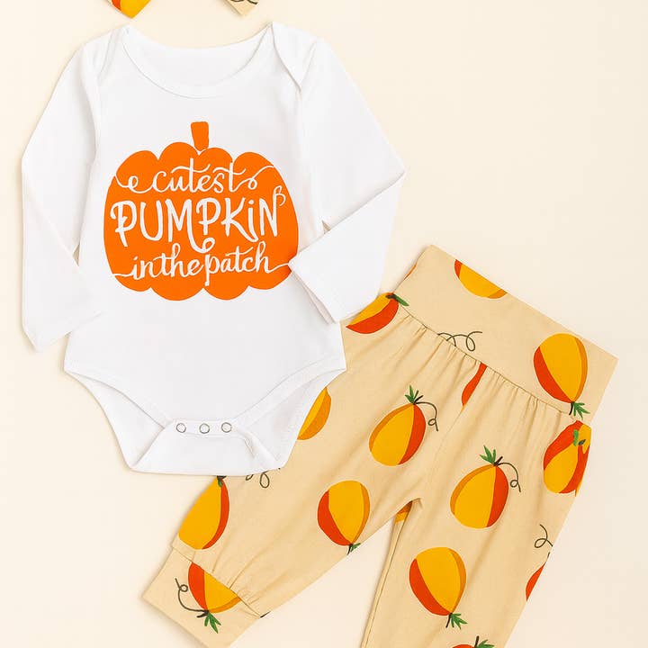 Orange & White Pumpkin 3pcs Baby Outfit for wholesale by Fennco Styles