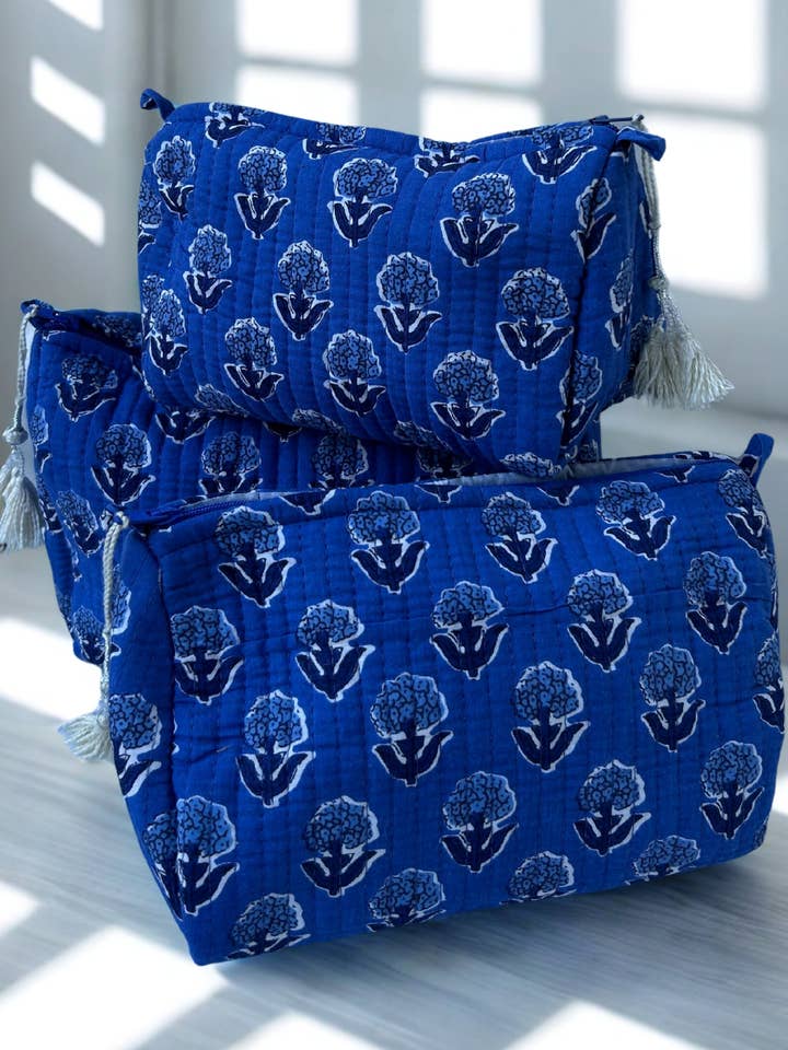 Block Print Toiletry Travel Bag ~ Royal Blue for wholesale by Devi Shop
