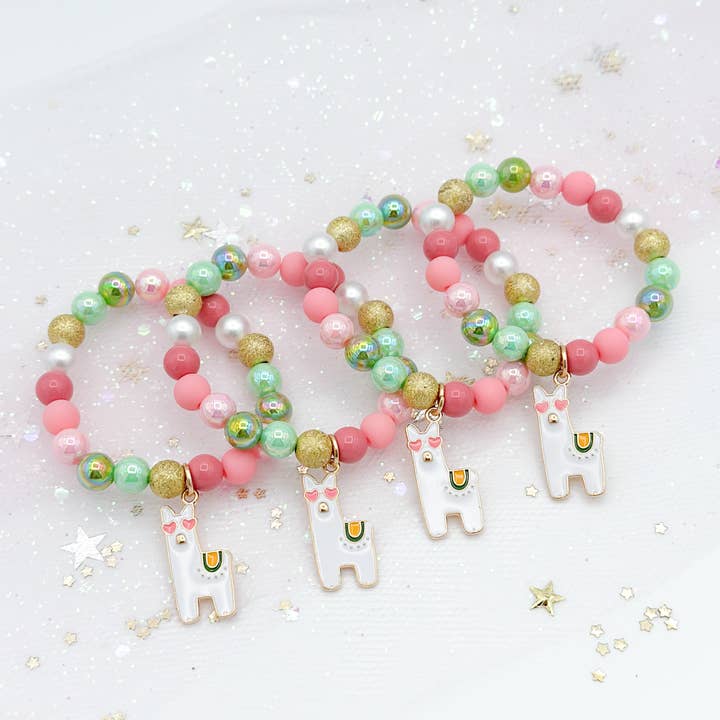 Pink & Green Beaded Kids Bracelet with Llama Charm, Girls for wholesale by Peach Tree & Co.