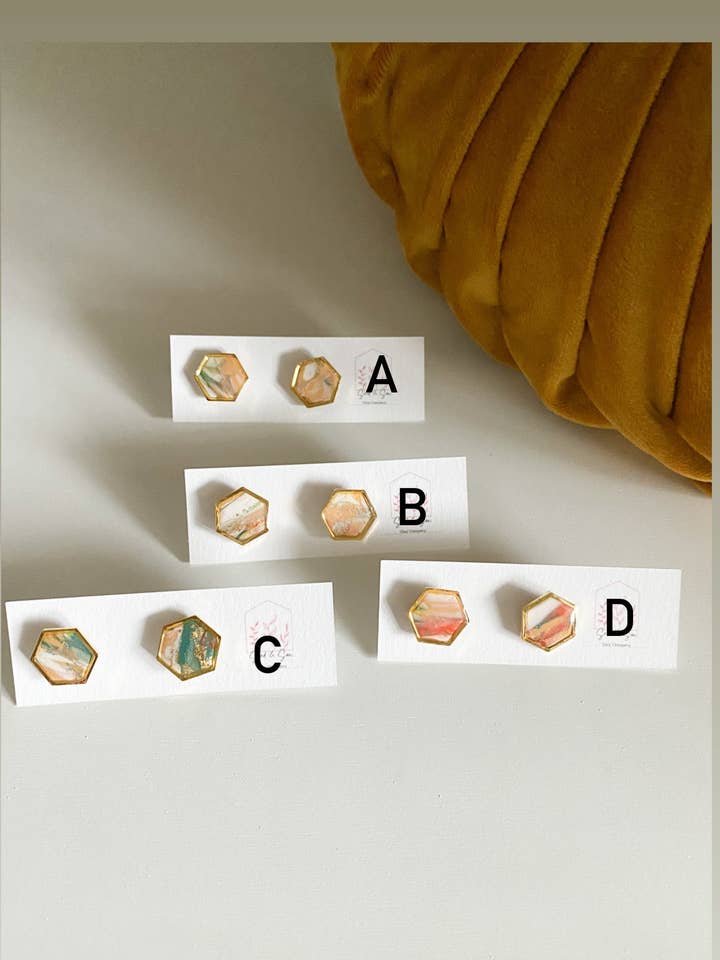 The Sunny Days Marble Gold Trimmed Hexagon Stud for wholesale by Seed & Sow Clay Company