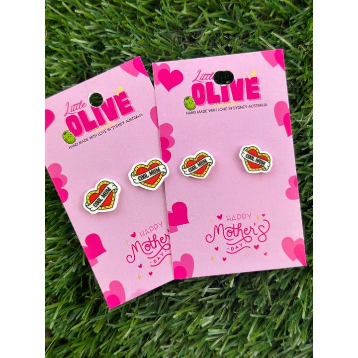 Little Olive Creates - Wholesale Stud/post earrings - Radiant Tattoo Heart 'Mamma Bear' & 'Cool Mum' Stud Earrings2