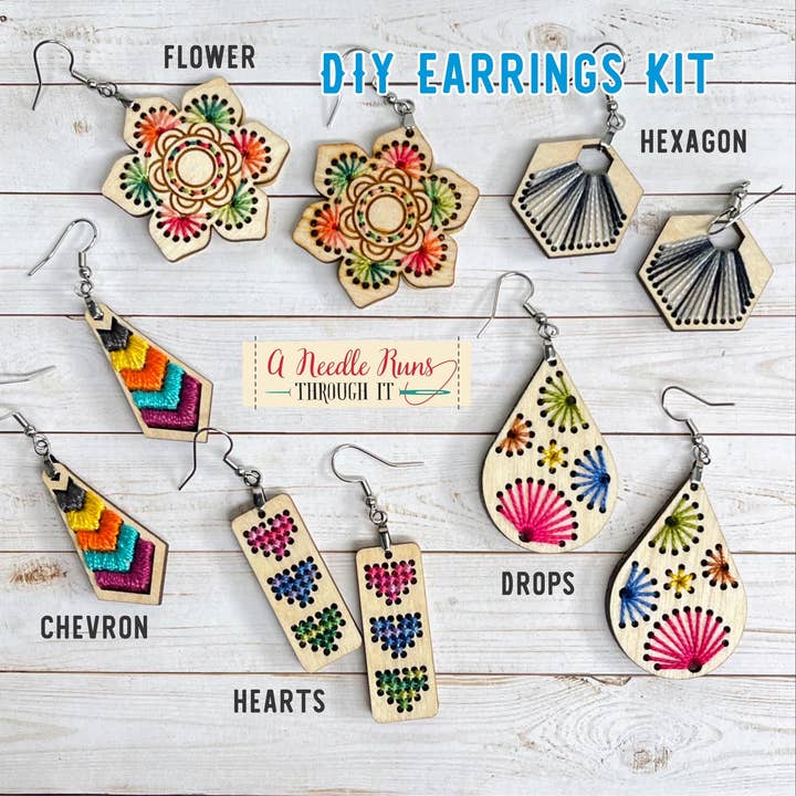 Make your own embroidered wooden earrings kit for wholesale by A Needle Runs Through It