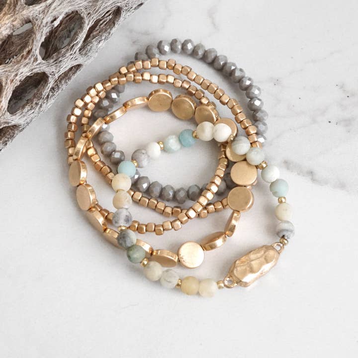 PennyLine inc - Wholesale Beaded Bracelet - 5 piece Boho Beaded Bracelets Stack Semi Precious Metal Glass Beads Golden nugget flat beads4