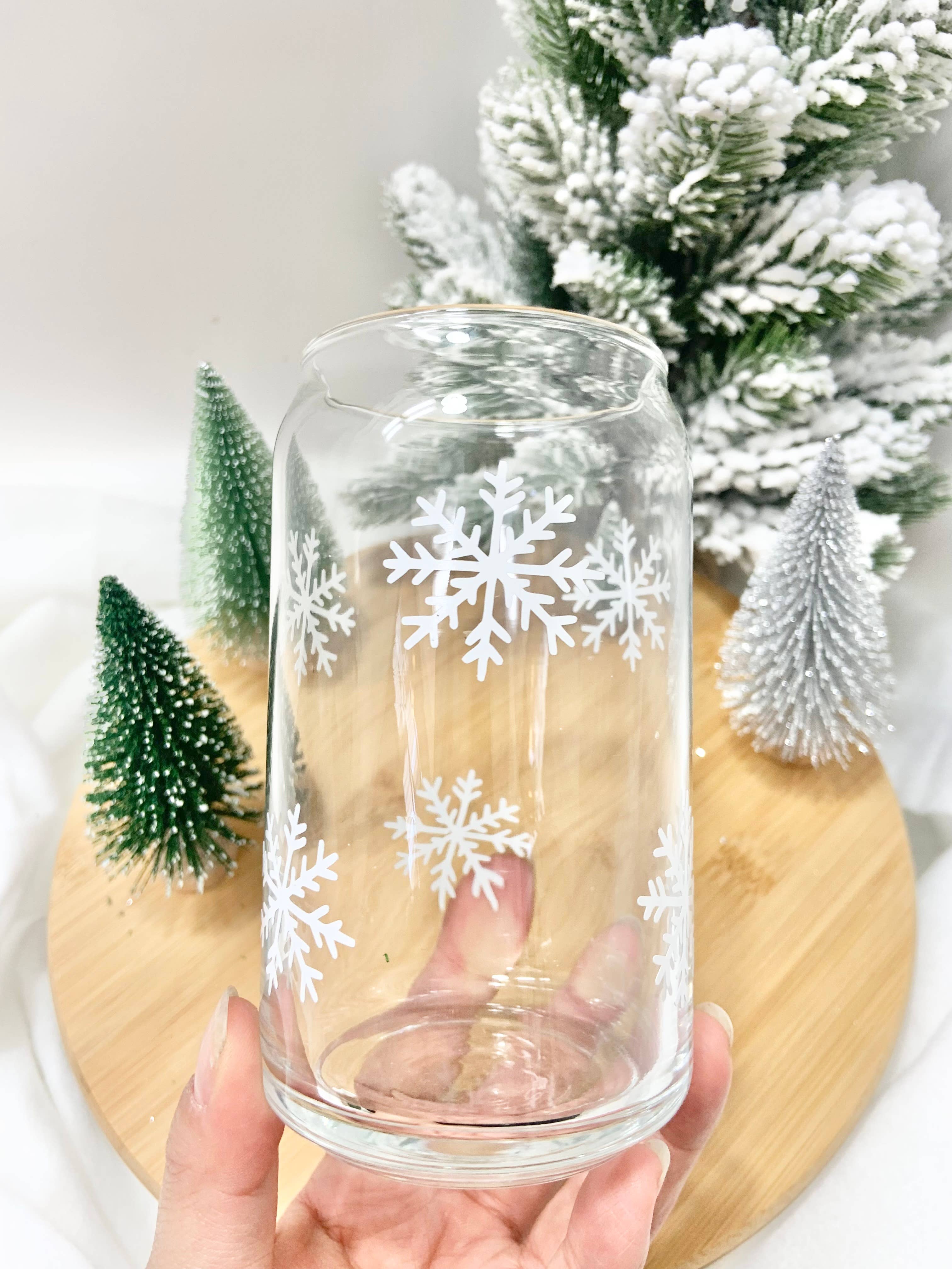White Snowflake 16 oz Glass Cup for wholesale on Faire0
