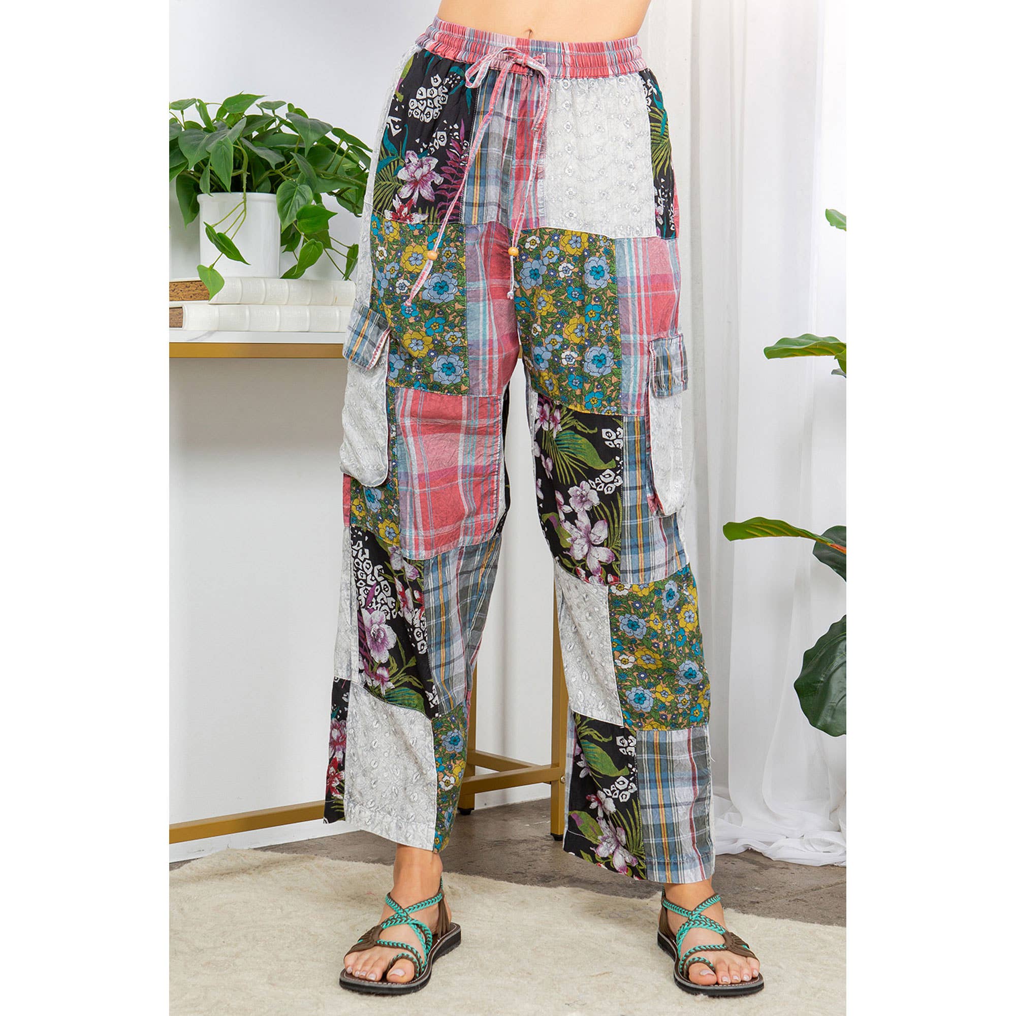 Young Threads - Wholesale Pants - Women's - Bohemian Patchwork Straight Pant Plaid & Schiffli Embroidery2