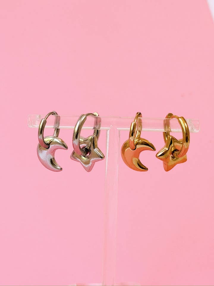 Mismatch Star Moon Chunky Hoops - Gold, Silver, Balloon for wholesale by Golden Hour Designs
