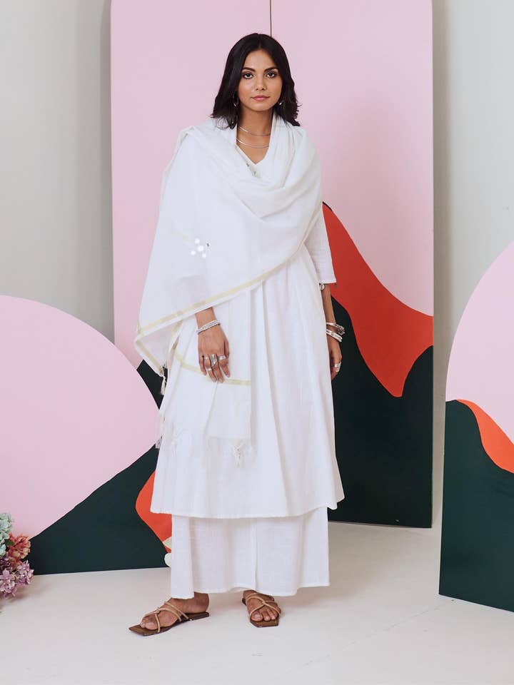 House of Amaya - Wholesale Top & pants set (NOT Loungewear) – Women's - Ajuni White Mirror Embroidered Kurta, Palazzo with Chanderi Dupatta (Set of 3)2