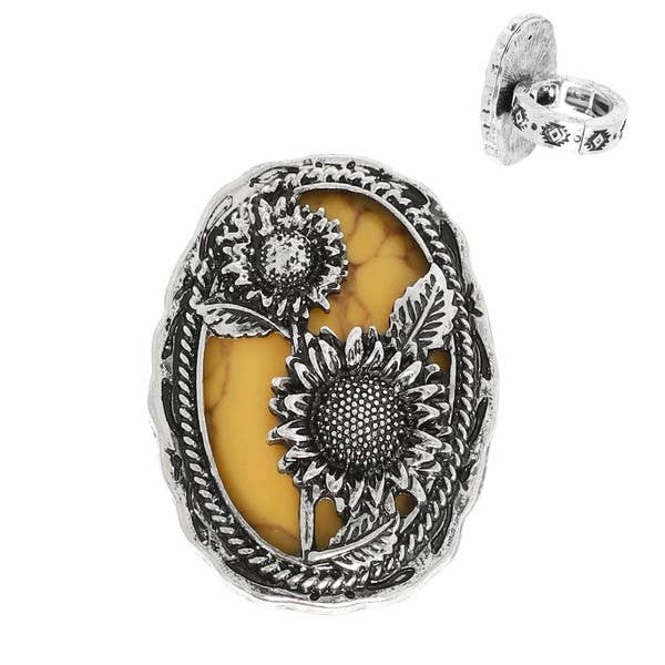 anbfashion – wholesale Band/stacked ring – WESTERN TURQUOISE SUNFLOWER OVAL STRETCH RING R170842