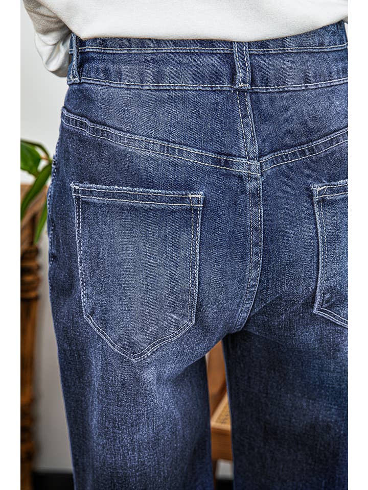 As shown High Rise Dual Button Distressed Raw Hem Flared Jeans*4-16 for wholesale on Faire