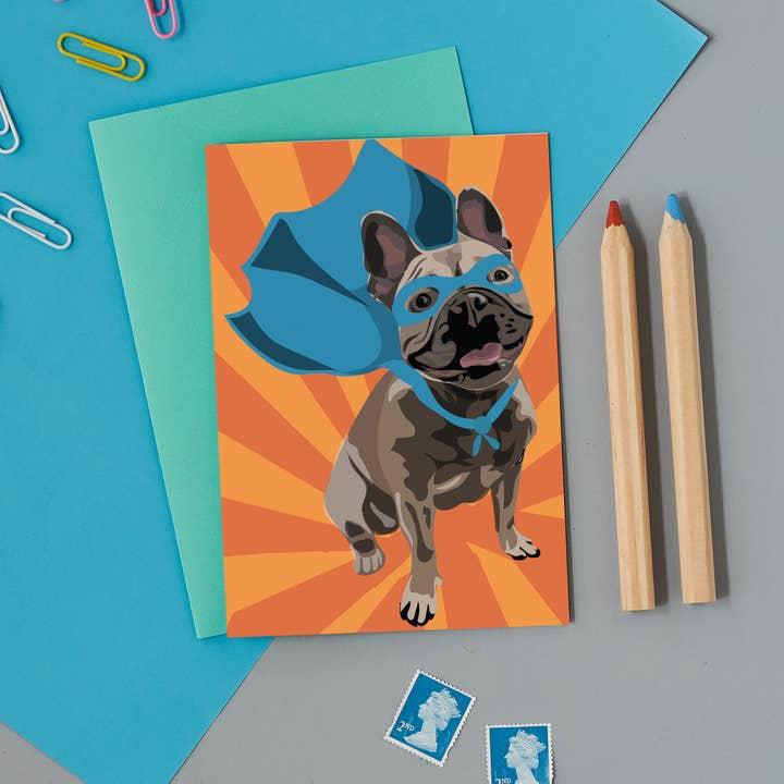 Superhero french bulldog greeting card for wholesale by Lorna Syson