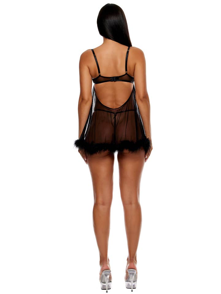Bare It All Mesh Marabou Babydoll Lingerie Set - Black for wholesale on Faire