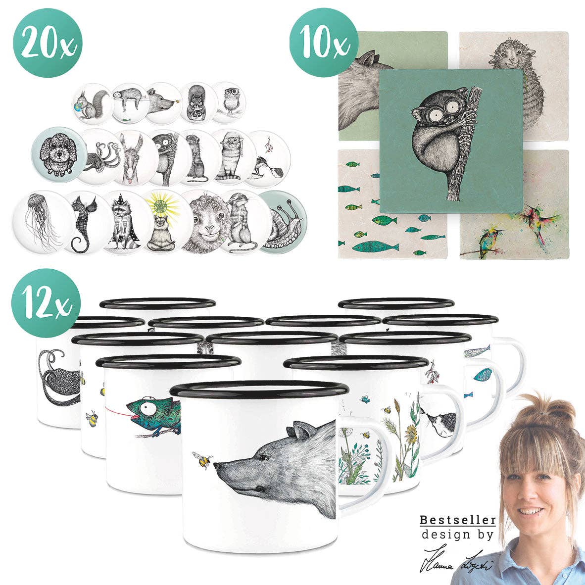LIGARTI - Wholesale Coffee Mug - B2B Introductory Bundle [12 Enamel Mugs, 10 Tile Coasters, 20 Magnets]0