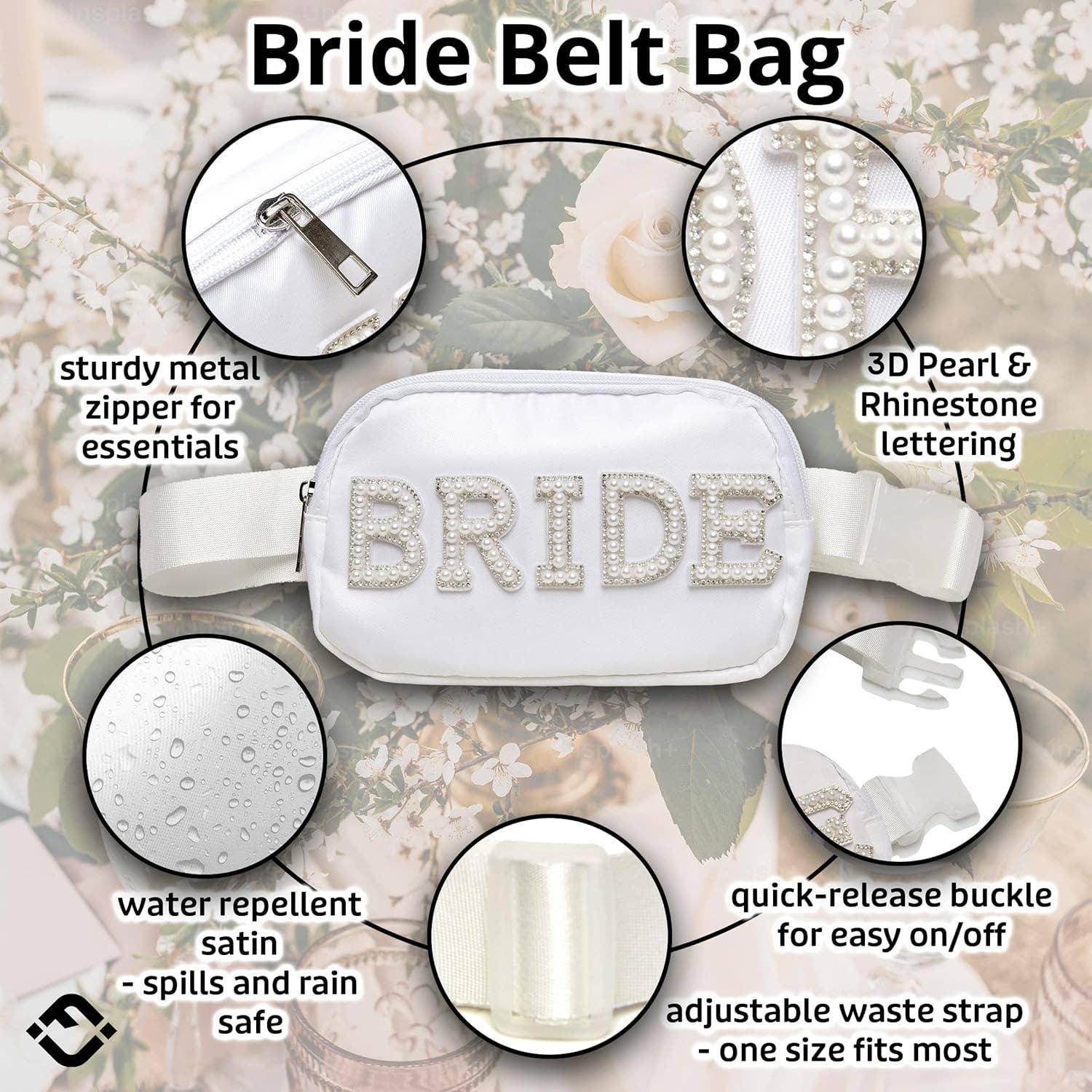 Funky Junque - Wholesale Belt Bag - Women's - Bride Fanny Pack with Pearl Lettering - White1