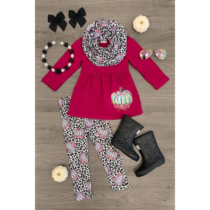 Conjunto de bufanda con pantalones y pantalones de guepardo de calabaza de Halloween para bebé para venta al por mayor de Angeline Kids