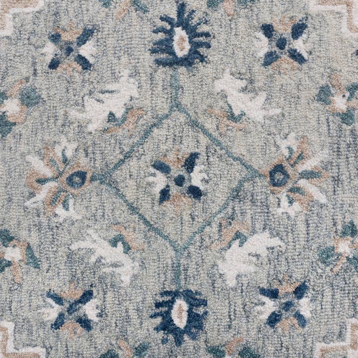 LR Home - Vente Tapis - Tapis d'intérieur en laine biologique à motif floral gris/ivoire traditionnel3