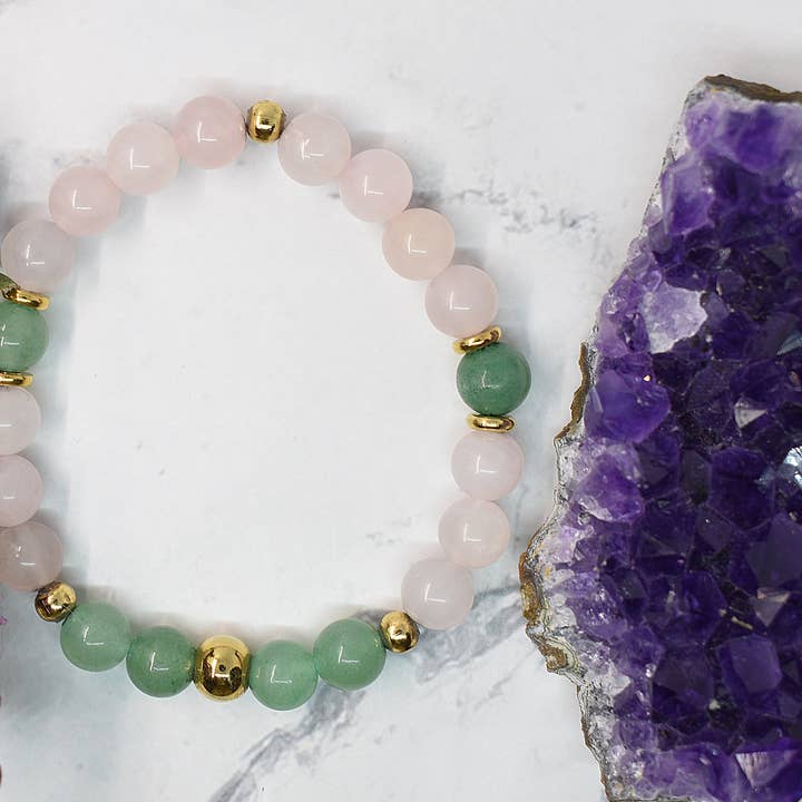 Armband in rozenkwartssteen en aventurijn, handgemaakt in Québec voor wholesale door JorieJewelry