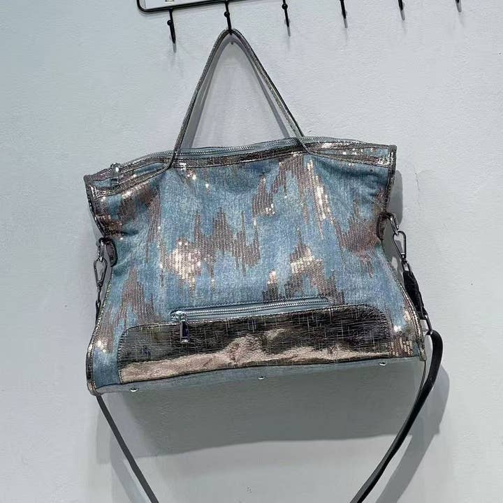 Blue Denim Glitter Tote Bag with Front Zip for wholesale by PEACH ACCESSORIES