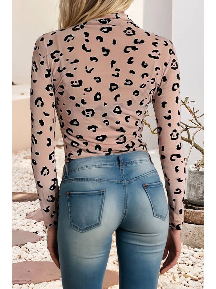 Khaki LDC Mock Neck Sheer Mesh Leopard Long Sleeve Bodysuit for wholesale on Faire1