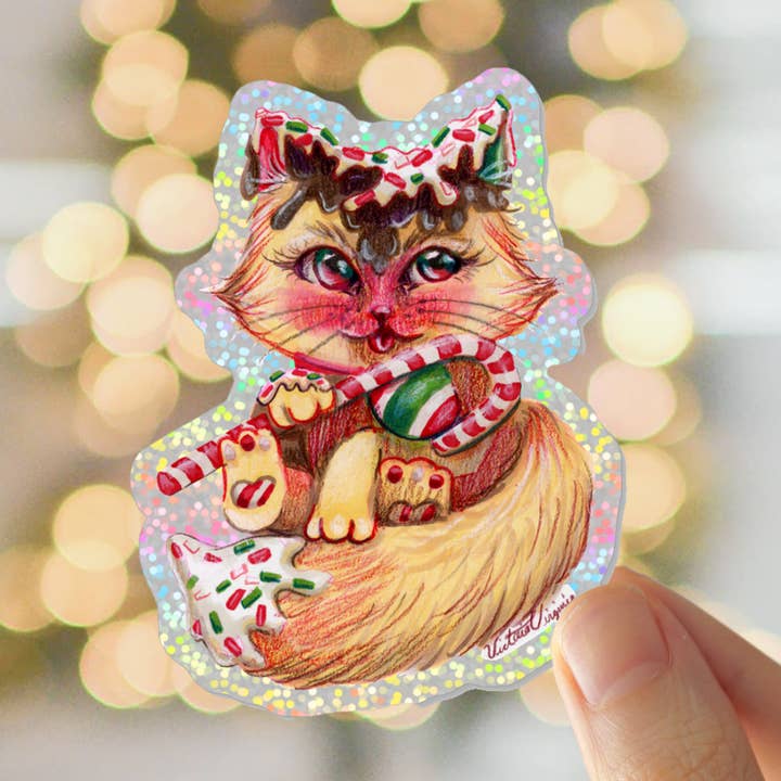 Adesivo glitterato natalizio con gattino di pan di zenzero e menta per la vendita all'ingrosso da parte di Victoria Virginia