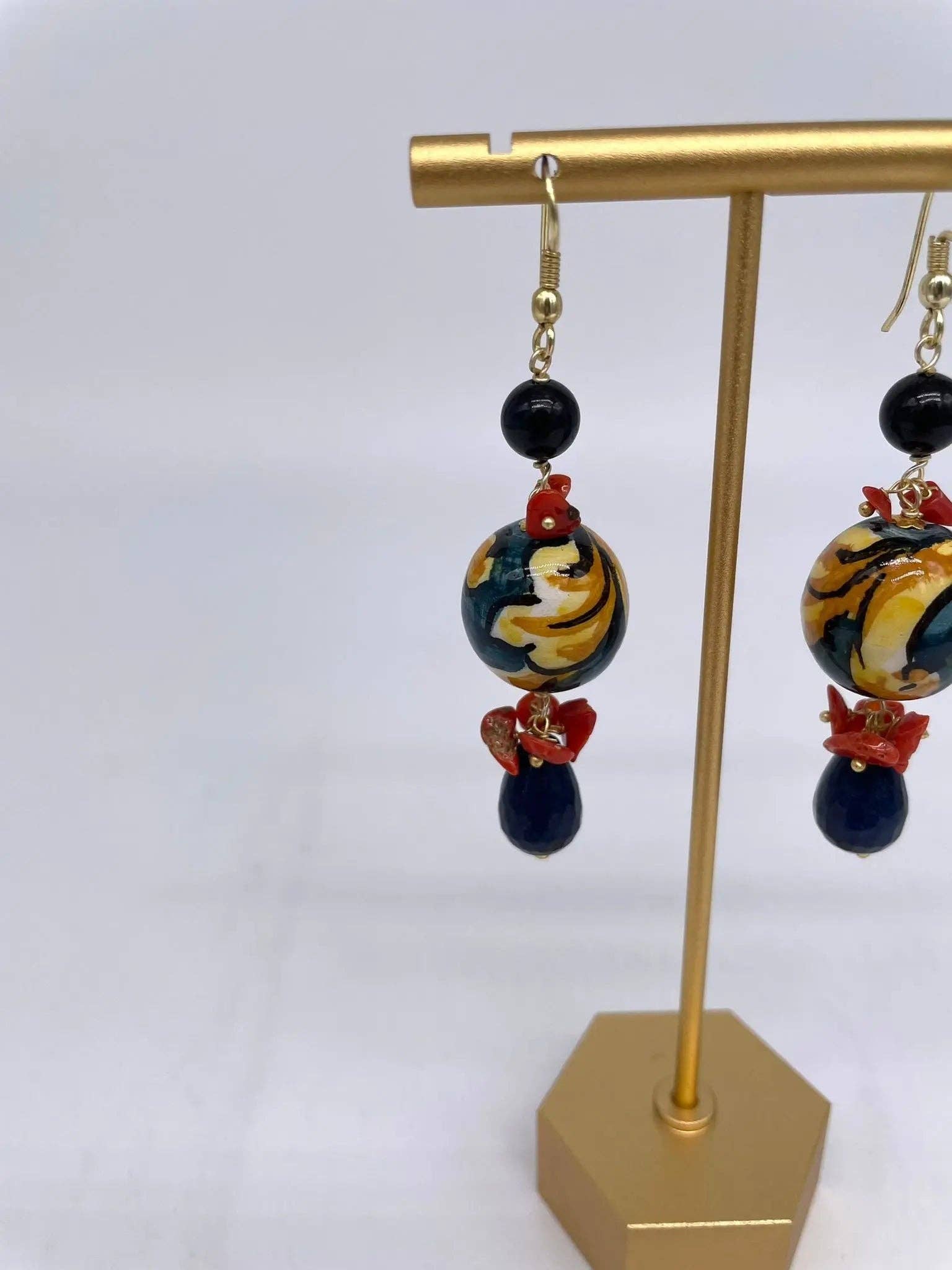 DD Ceramiche Siciliane – wholesale Dangle earrings – Handmade Blue Christmas Balls Earrings in Caltagirone Ceramic, stones and coral4