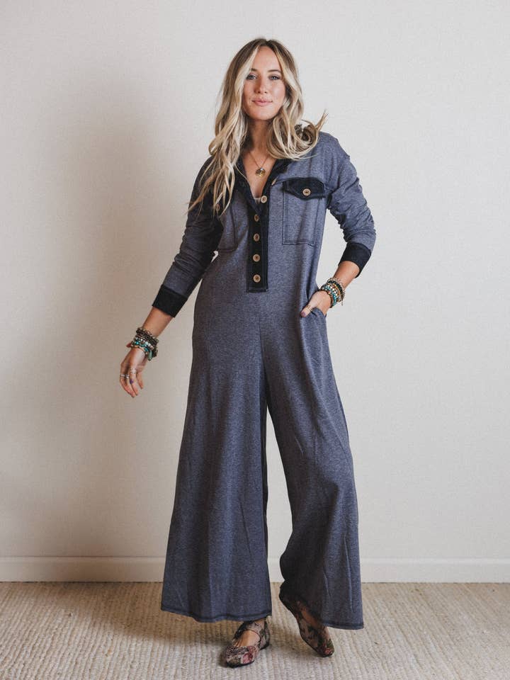 Jodi Long Sleeve Jumpsuit - Black for wholesale by Three Bird Nest