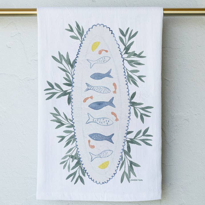 Coastal Holiday Feast of the Seven Fishes Tea Towel for wholesale by Printed Hues