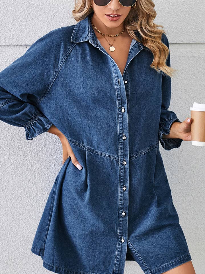 Lily Clothing - Wholesale Dress - Women's - Loose wash long sleeve denim single breasted short dress4