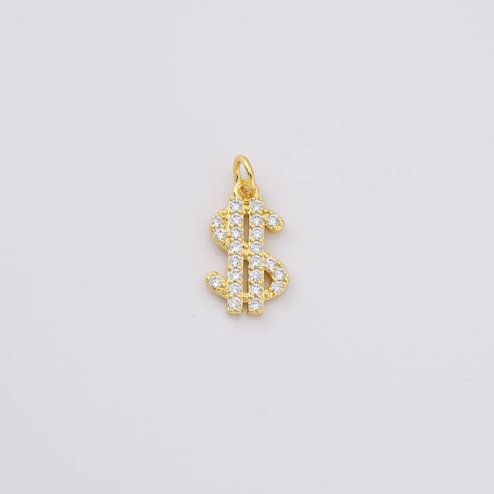 Beads Creation - Wholesale Individual Charm/Pendant - Gold Filled Dollar Sign Charm Pendant CZ Micro Pave, CP2223