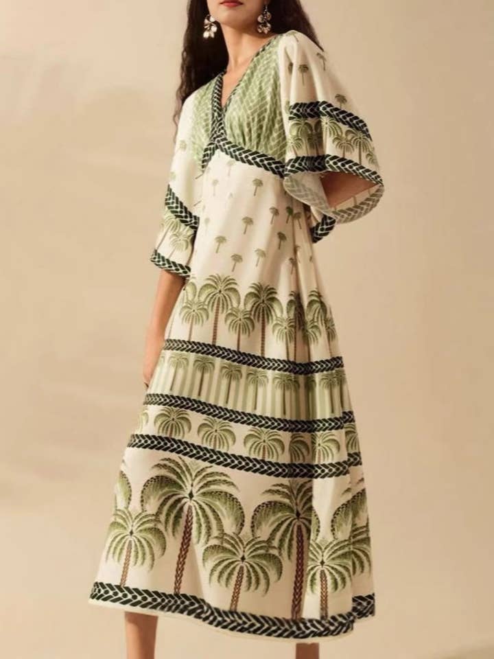 Rosa Clothing - Wholesale Dress - Women's - Exotic Tropical/ Floral Flair V-Neck Bell Sleeve Dress