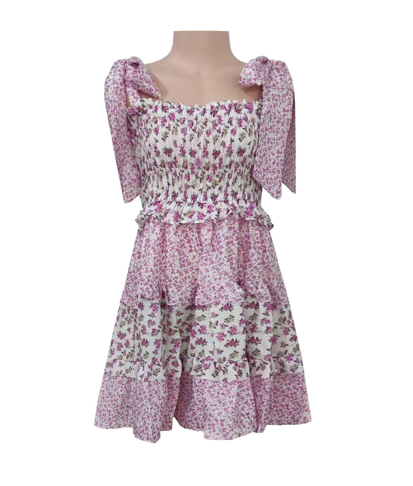 Rosa Clothing - Wholesale Dress - Women's - Floral Smocked bodice tiered mini sundress w bow straps10