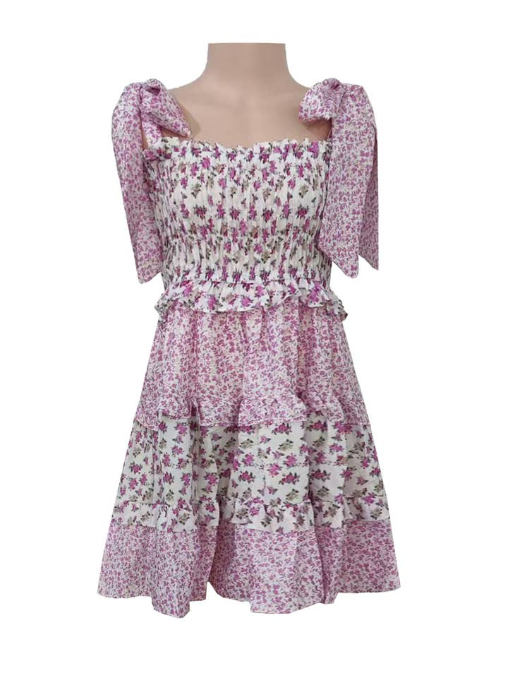 Rosa Clothing - Wholesale Dress - Women's - Floral Smocked bodice tiered mini sundress w bow straps10