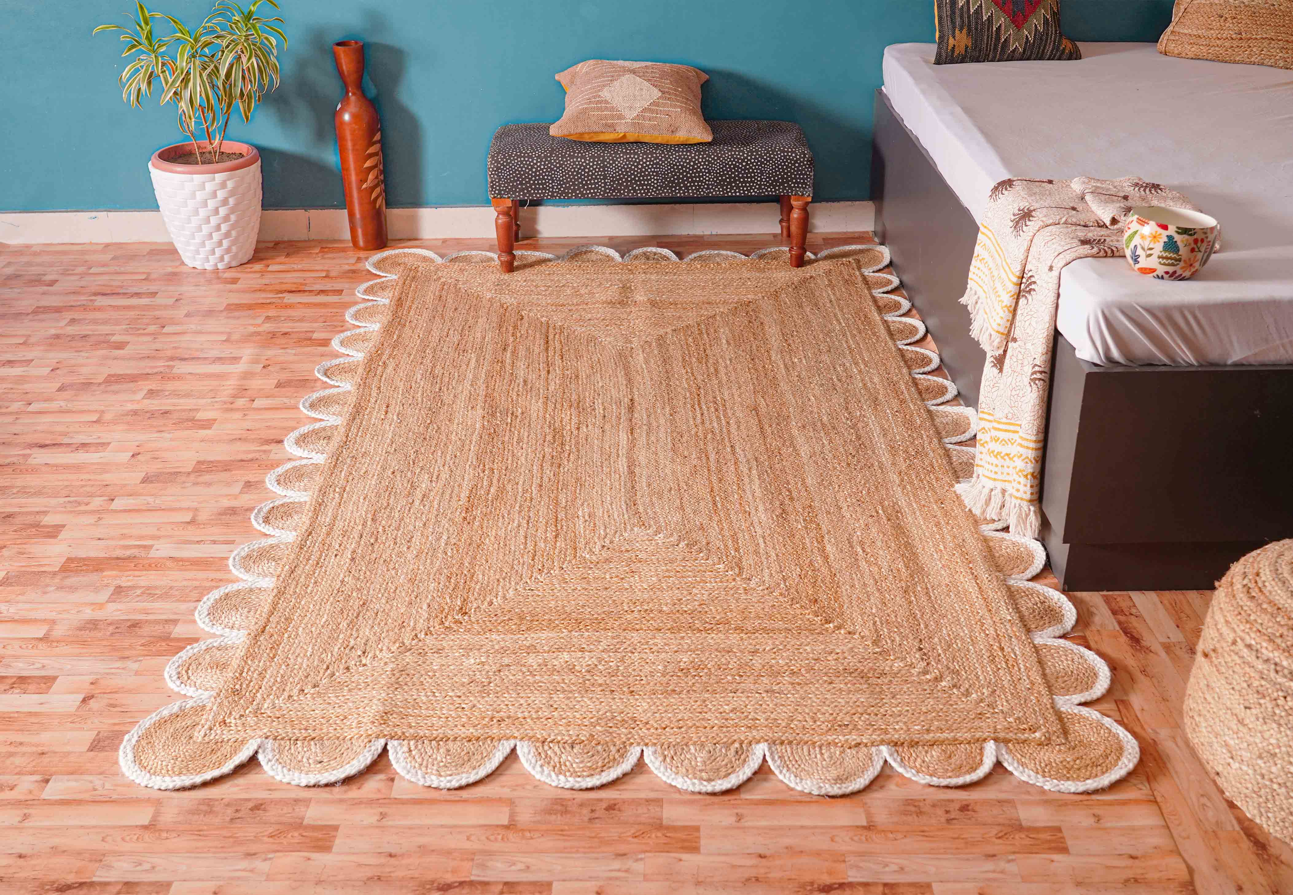 Chouhan Rugs - Wholesale Area Rug - White Scalloped Border Beige Color Jute Rug Living Room Rug 2