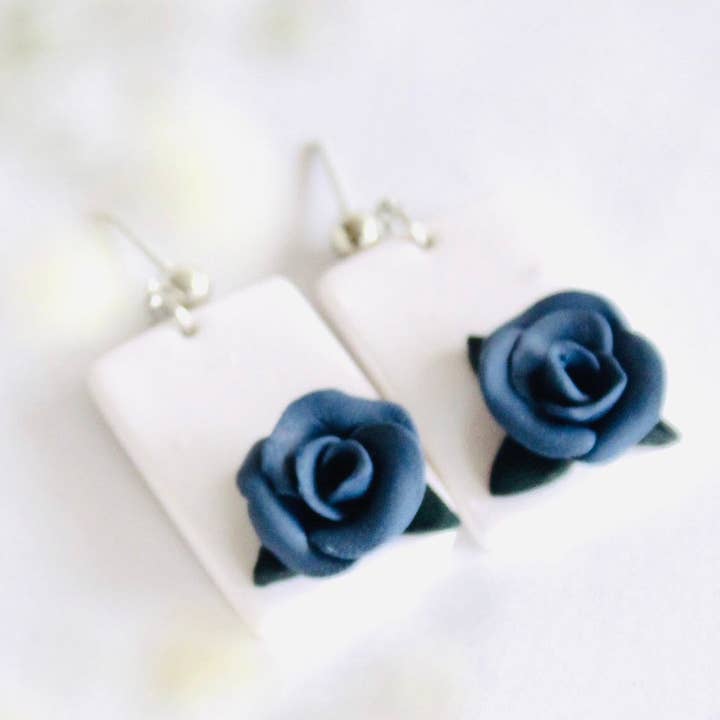PRUESSIAN ROSE ~ blue clay earrings | rose polymer clay for wholesale by PERNAZ JEWEL