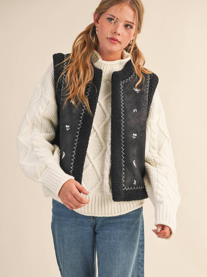 EMBROIDERED SUEDE VEST WITH SHERPA LINING MJK4101 for wholesale by &MERCI