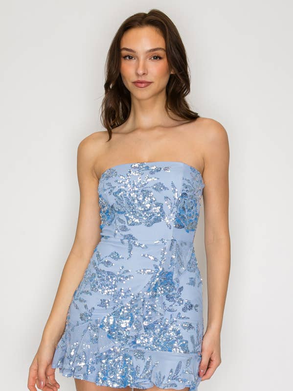 CD30944: FLORAL SEQUIN RUFFLED MINI DRESS for wholesale by Lovesome