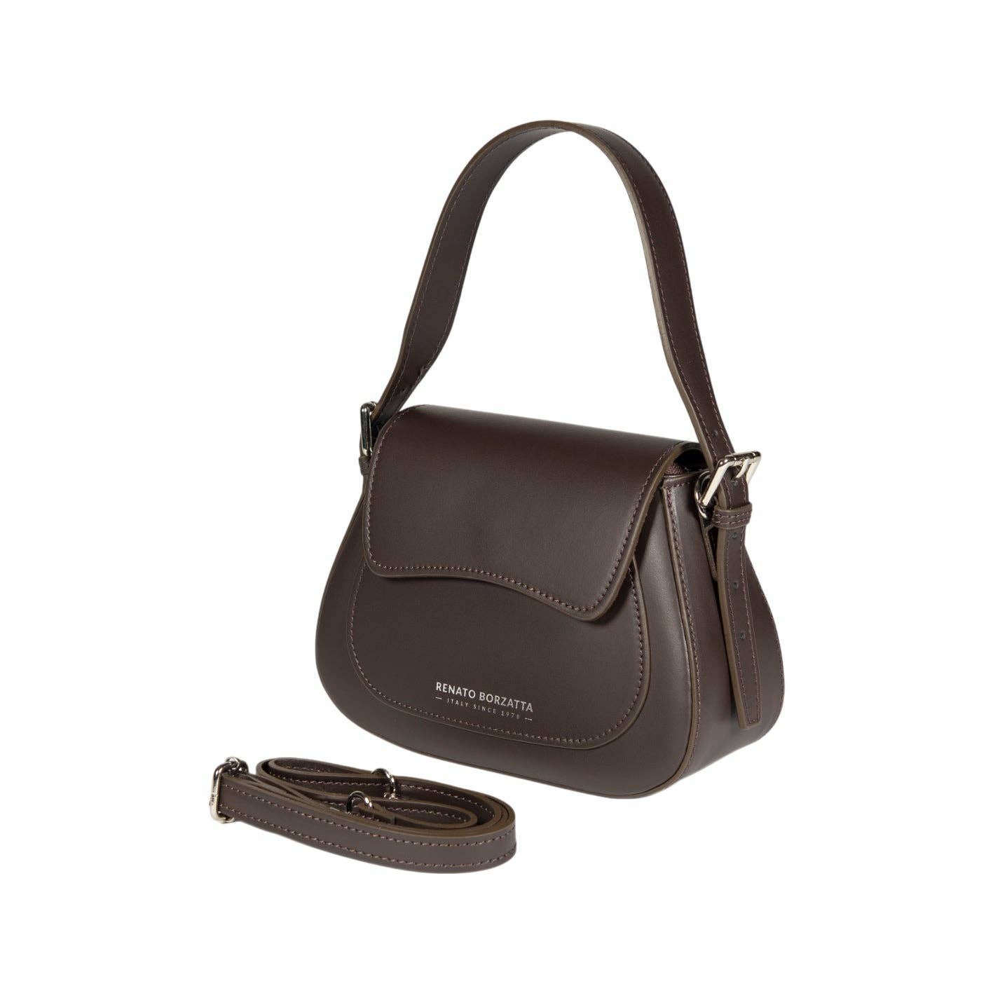 Kaili mood / RENATO BORZATTA - Italy since 1978 - - Wholesale Shoulder Bag - Women's - RB1030B | Women's Shoulder Bag EMMA with flap in Genuine Leather Made in Italy. Shiny Silver Metal Accessories - Dark Brown Color - Dimensions: cm 24 x 18 x 9 + 14.5 (Handle drop)1