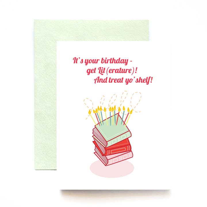 Get Lit(erature) & Treat Yo Shelf Book Lovers' Birthday Card for wholesale by ILOOTPAPERIE