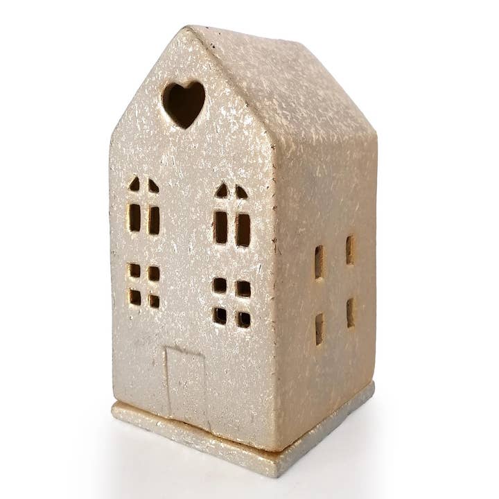 Tea light house, ceramic gold with plate, 15 cm for wholesale by Mea-Living