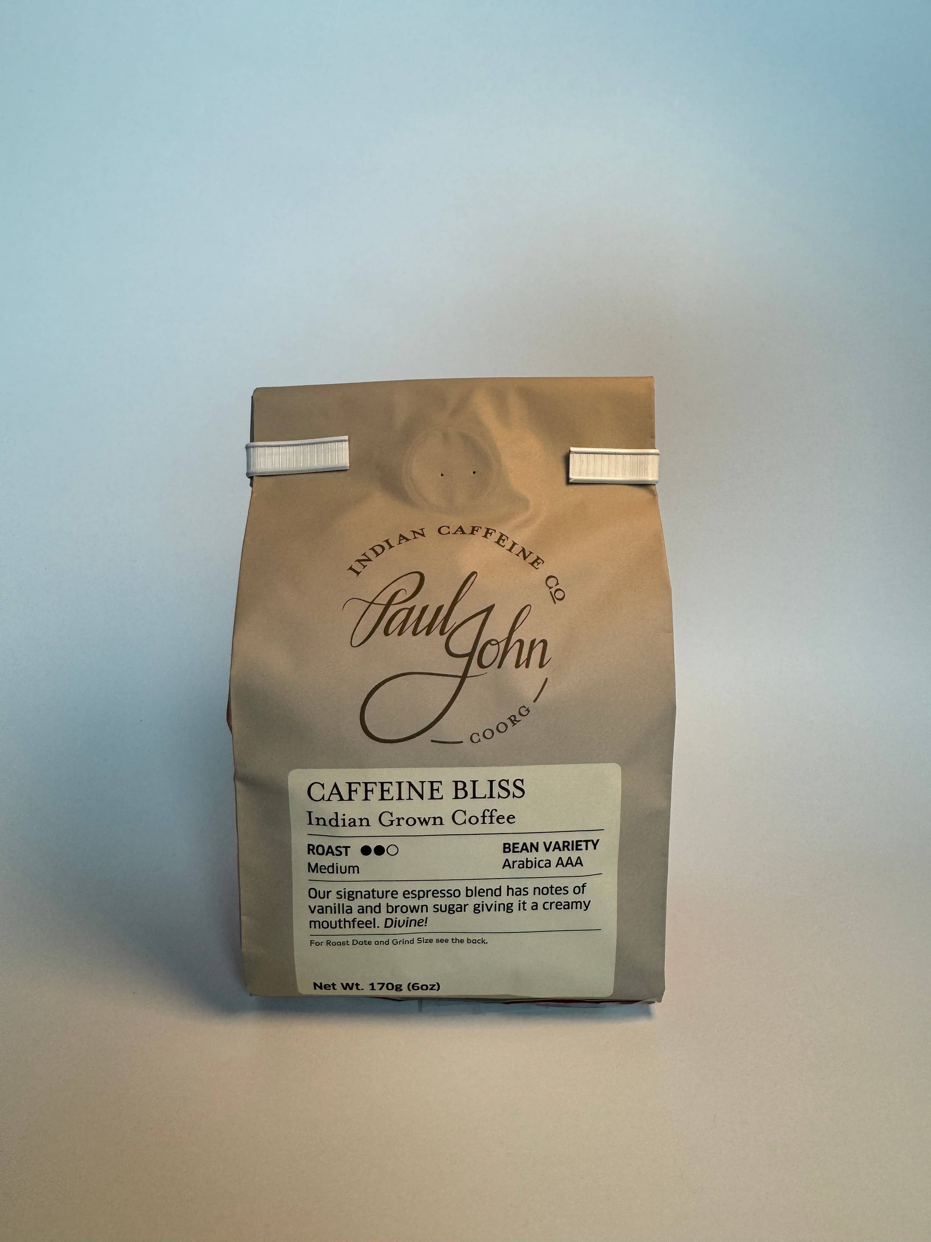 Paul John Indian Caffeine Co. - Wholesale Ground Coffee - Indian Coffee, Caffeine Bliss, 6 oz bags, Beans1