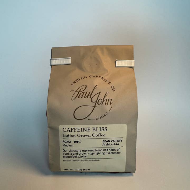 Paul John Indian Caffeine Co. - Wholesale Ground Coffee - Indian Coffee, Caffeine Bliss, 6 oz bags, Beans1