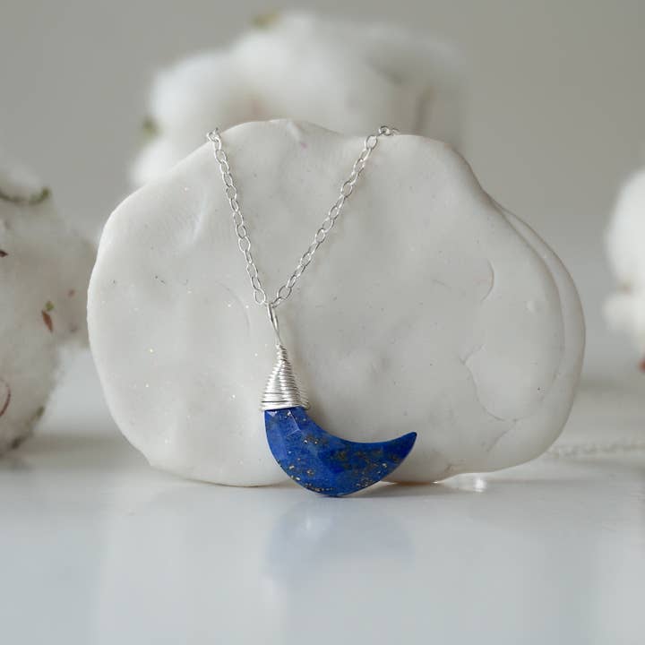 Lapis Lazuli Moon Necklace, December Crystal Holiday Gifts for wholesale by Raw Stone Elegance