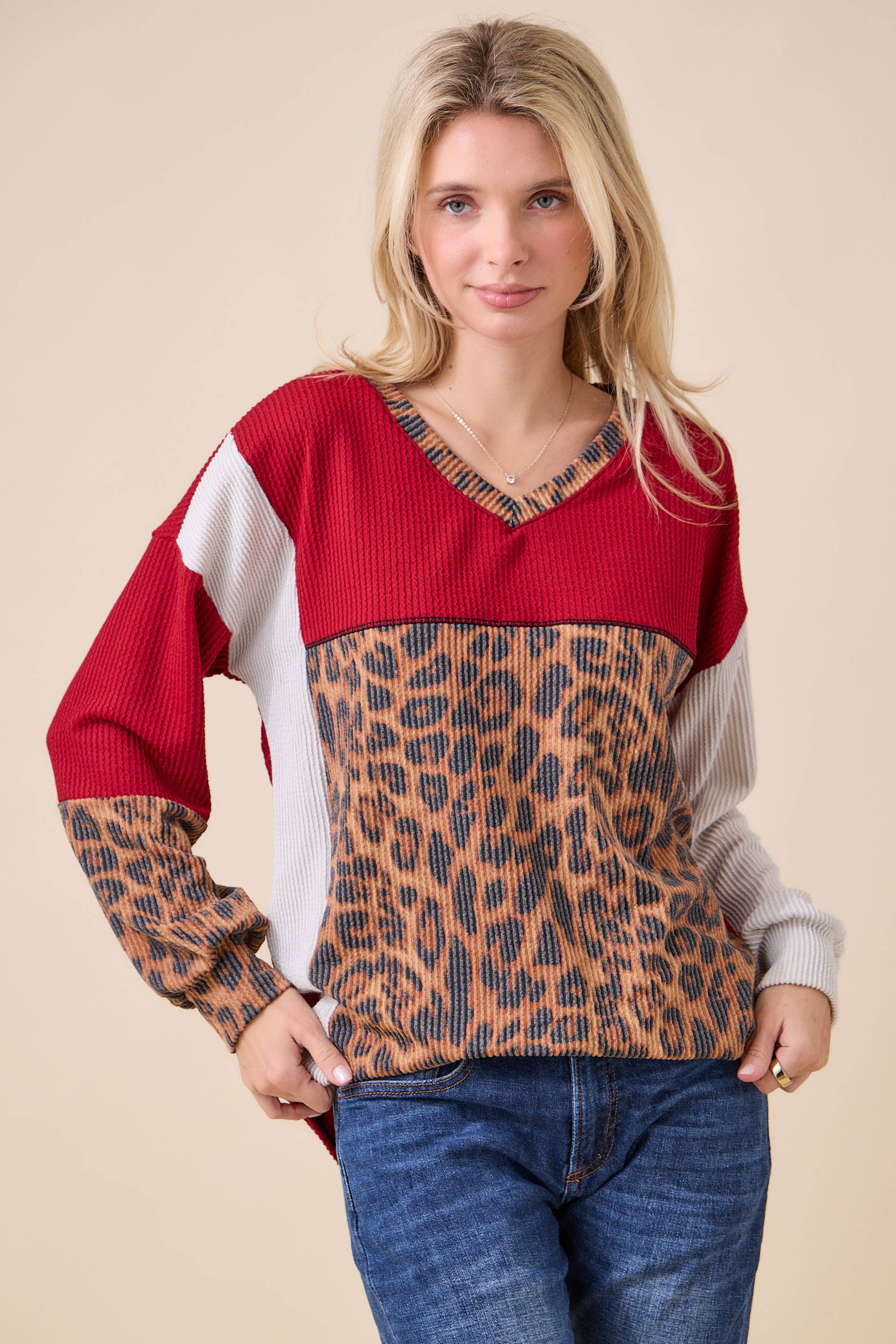 Celeste Clothing - Wholesale Knit Top - Women's - WOMEN'S RIB COLOR BLOCK ANIMAL PRINT LONG SLEEVE TOP18