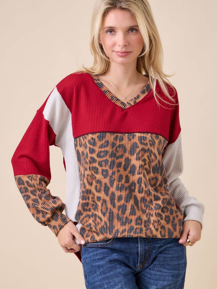 Celeste Clothing - Wholesale Knit Top - Women's - WOMEN'S RIB COLOR BLOCK ANIMAL PRINT LONG SLEEVE TOP18