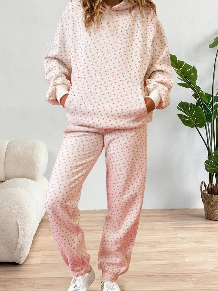 Ensemble de survêtement à capuche avec poche kangourou et imprimé floral pour femmes pour la vente par LA Society