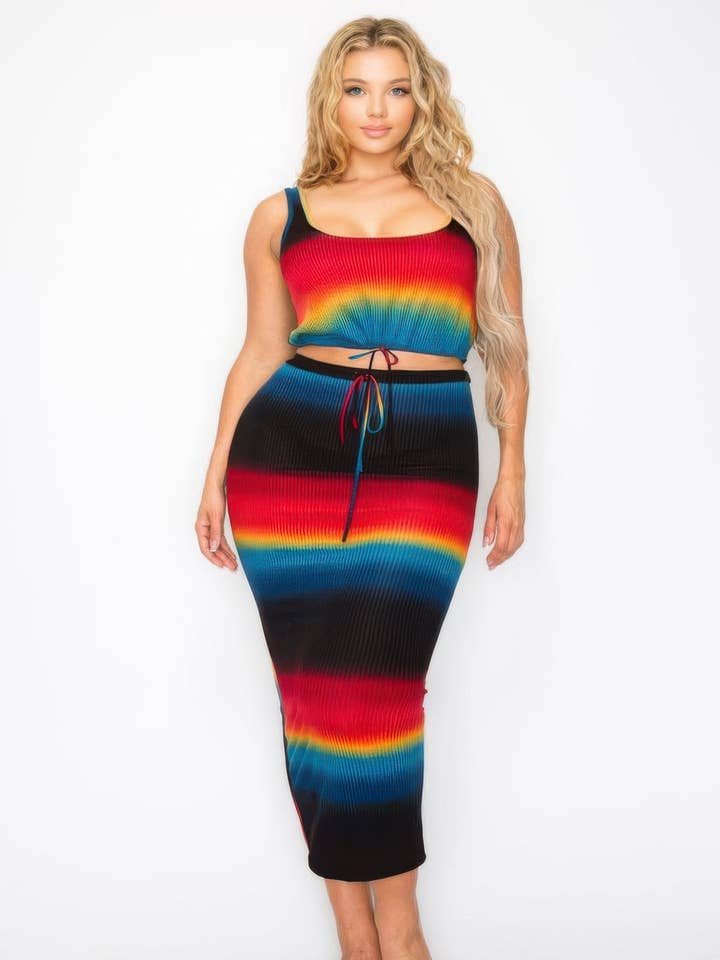 Plus Sleeveless Tie Dye Stripe 2 Piece Skirt Set for wholesale by CC Wholesale Clothing