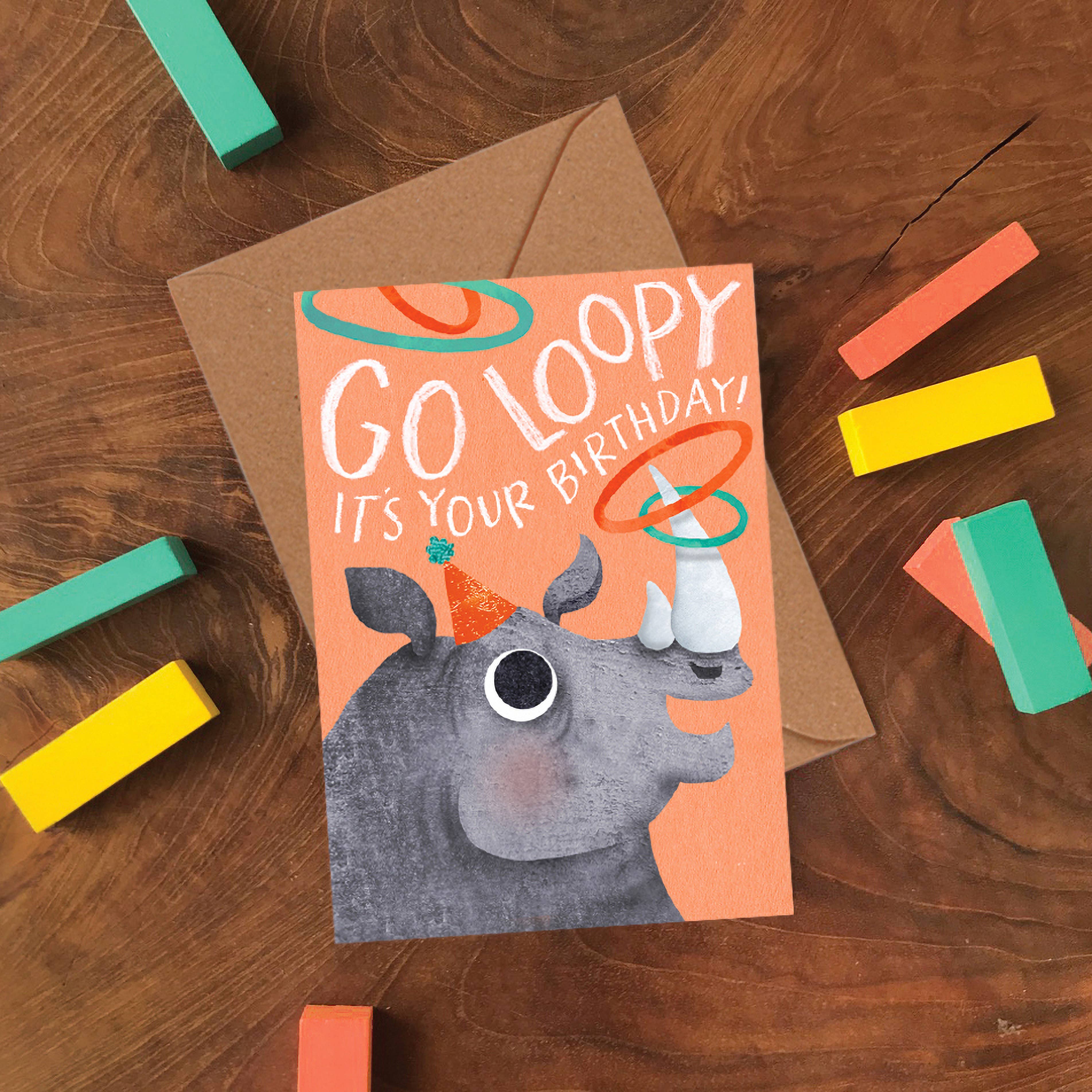 Emily Nash Illustration Greeting Cards - Vente Cartes d'anniversaire - Carte de vœux simple Go Loopy Rhino | Carte d'anniversaire pour enfant A61